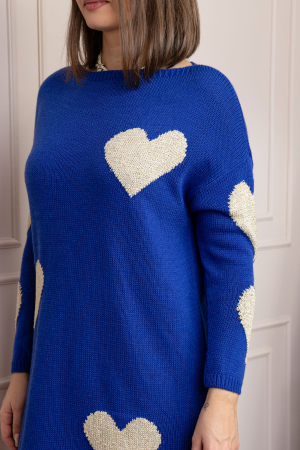 Pulover tip rochie Taylor cu inimioare aurii din fir lame - Albastru [1]