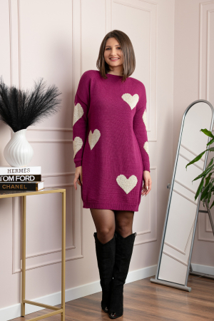 Pulover tip rochie Taylor cu inimioare aurii din fir lame - Fuchsia [3]