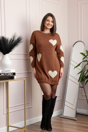 Pulover tip rochie Taylor cu inimioare aurii din fir lame - Maro [3]