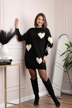 Pulovere - Pulover tip rochie Taylor cu inimioare aurii din fir lame - Negru