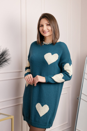 Pulover tip rochie Taylor cu inimioare aurii din fir lame - Turcoaz [2]