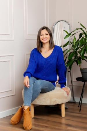 Pulovere - Pulover tricot gros Amy cu decolteu in V - Albastru