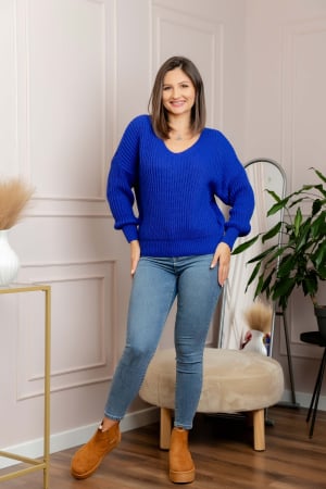 Pulover tricot gros Amy cu decolteu in V - Albastru [3]