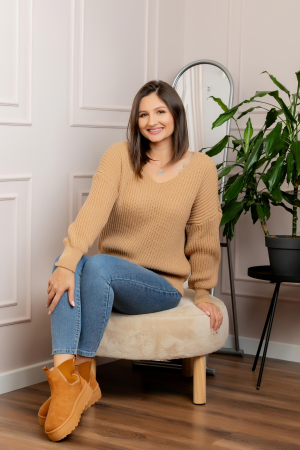 Pulovere - Pulover tricot gros Amy cu decolteu in V - Bej