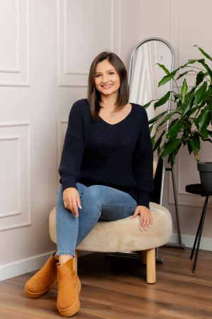 Pulovere - Pulover tricot gros Amy cu decolteu in V - Bleumarin