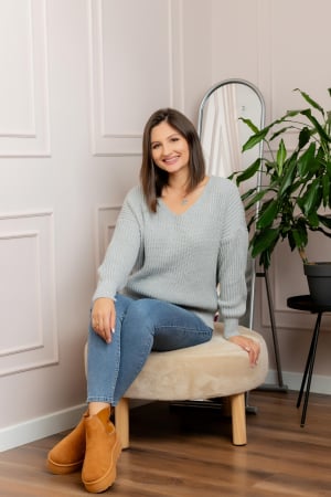 Pulovere - Pulover tricot gros Amy cu decolteu in V - Gri