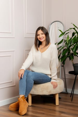 Pulovere - Pulover tricot gros Amy cu decolteu in V - Ivoire