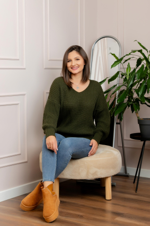 Pulovere - Pulover tricot gros Amy cu decolteu in V - Kaki
