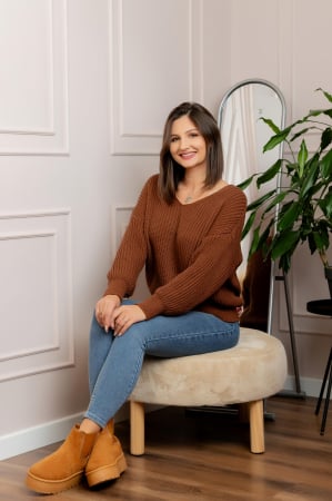Pulovere - Pulover tricot gros Amy cu decolteu in V - Maro