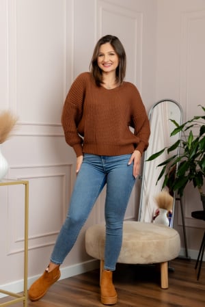 Pulover tricot gros Amy cu decolteu in V - Maro [3]