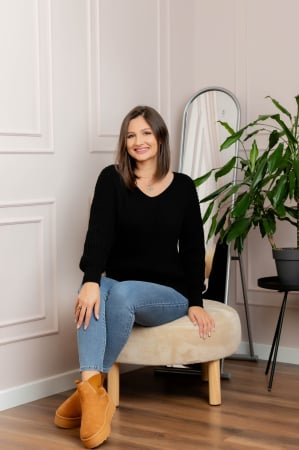Pulovere - Pulover tricot gros Amy cu decolteu in V - Negru