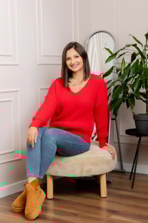Pulovere - Pulover tricot gros Amy cu decolteu in V - Rosu