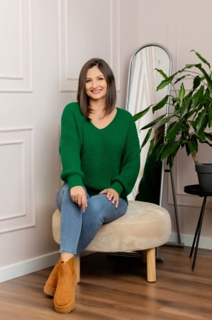 Pulovere - Pulover tricot gros Amy cu decolteu in V - Verde