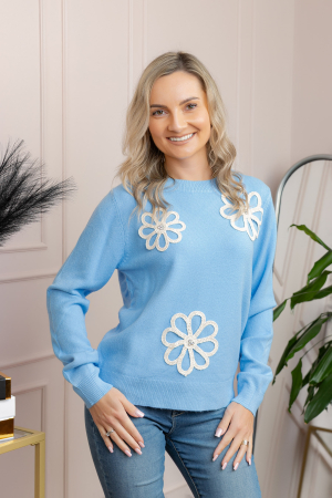 Pulover tricotat cu aplicatii florale Sally - Albastru [2]