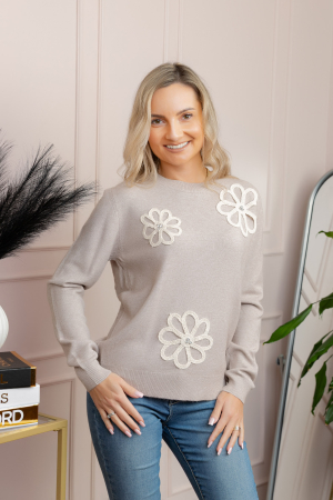 Pulover tricotat cu aplicatii florale Sally - Bej [2]