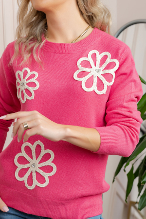 Pulover tricotat cu aplicatii florale Sally - Ciclam [1]
