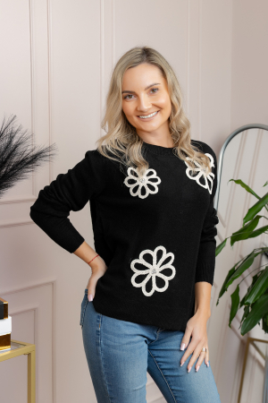Pulovere - Pulover tricotat cu aplicatii florale Sally - Negru