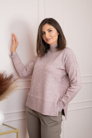 Pulovere - Pulover tricotat lejer cu guler inalt Julia - Roz pudrat