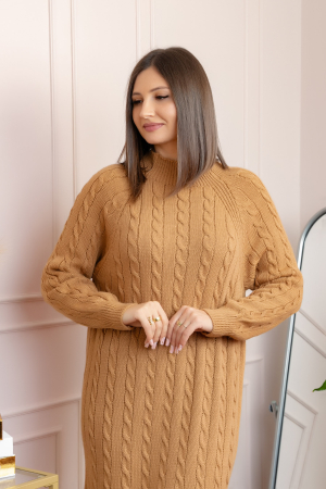 Pulover tricotat tip rochie Rachel cu maneci raglan - Camel [1]