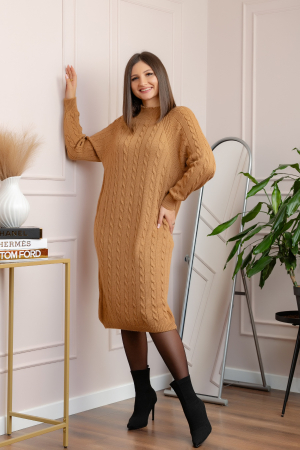 Pulover tricotat tip rochie Rachel cu maneci raglan - Camel [2]