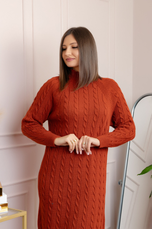 Pulover tricotat tip rochie Rachel cu maneci raglan - Caramiziu [1]