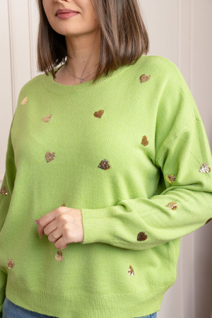 Pulover verde praz Riley cu inimioare din paiete aurii [1]