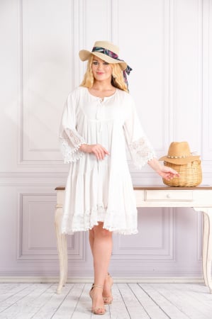 Rochie alba midi boho chic cu aplicatie din dantela si volane [3]