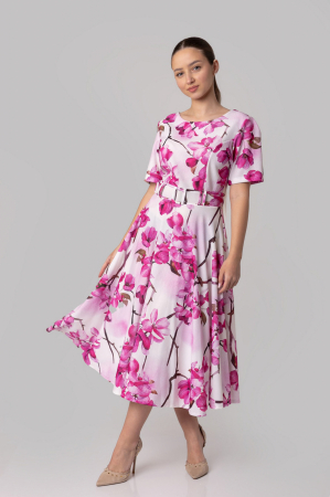Rochie alba cu imprimeuri florale ciclam si centura in talie [0]