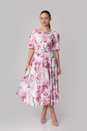 Rochie alba cu imprimeuri florale roz si centura in talie [0]