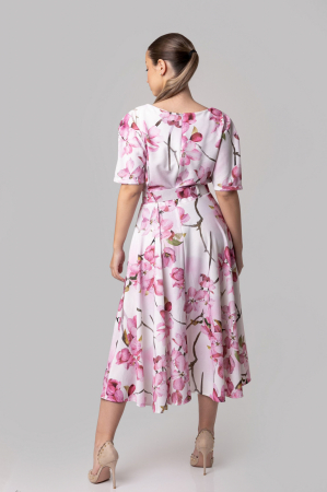 Rochie alba cu imprimeuri florale roz si centura in talie [3]