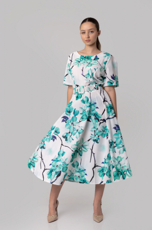 Rochie alba cu imprimeuri florale turcoaz si centura in talie [0]