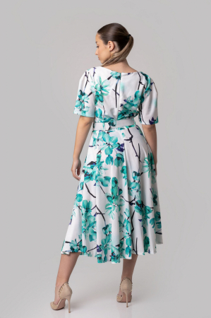 Rochie alba cu imprimeuri florale turcoaz si centura in talie [3]