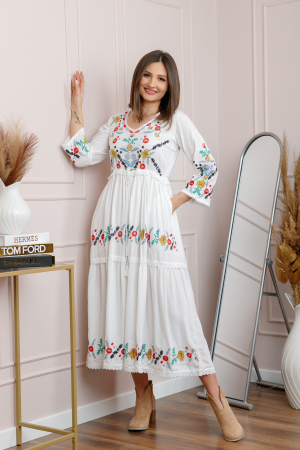 Rochii traditionale - Rochie alba cu motiv floral multicolor Violeta 02