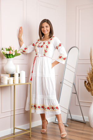 Rochii traditionale - Rochie alba cu motiv floral rosu Corina 02