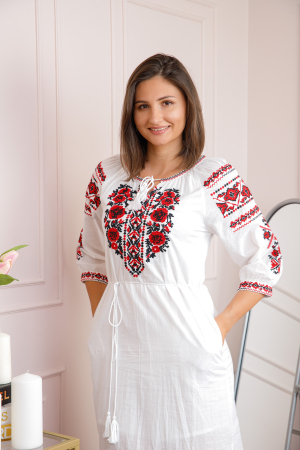 Rochie alba cu motiv floral rosu Luminita [1]