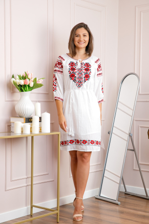 Rochie alba cu motiv floral rosu Luminita [3]