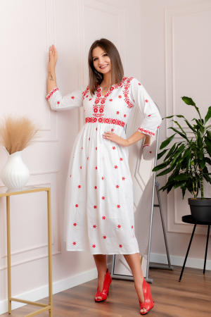 Rochii traditionale - Rochie alba cu motiv floral rosu Monica