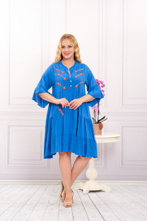 Rochii - Rochie albastra boho chic cu aplicatie florala cusuta