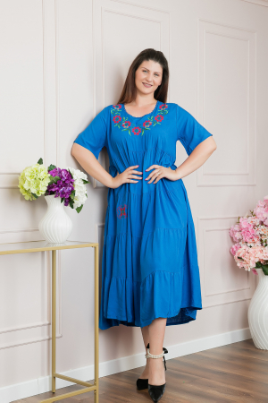 Rochie albastra boho chic cu aplicatie florala pe bust [2]