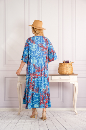 Rochie albastra lunga boho chic cu imprimeuri florale corai [2]