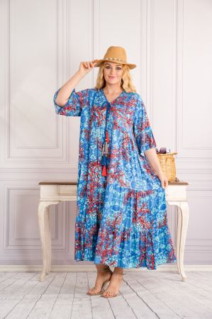 Rochie albastra lunga boho chic cu imprimeuri florale corai [3]