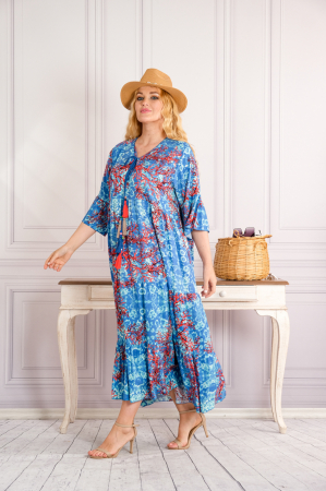 Rochie albastra lunga boho chic cu imprimeuri florale corai [1]