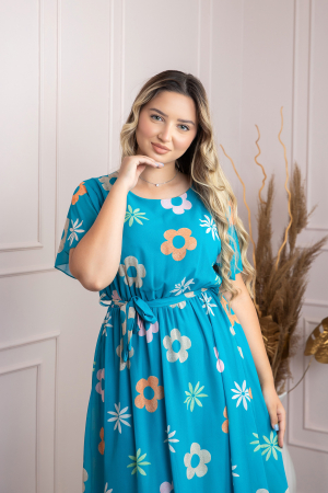 Rochie albastra cu imprimeu floral si maneci fluture [2]