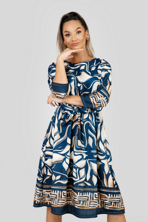 Rochie office albastra cu imprimeuri crem si maneci trei sferturi [2]