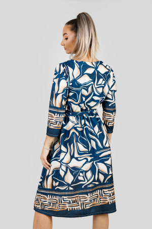 Rochie office albastra cu imprimeuri crem si maneci trei sferturi [3]