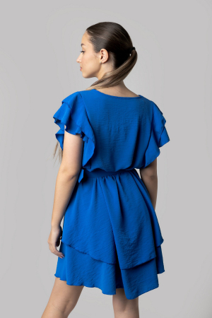 Rochie albastra cu volane si centura in talie [2]