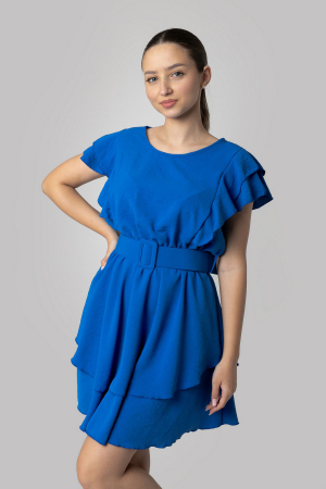 Rochie albastra cu volane si centura in talie [3]