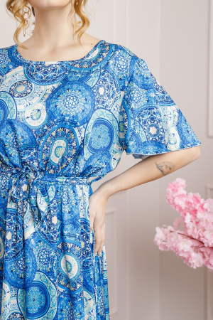 Rochie albastru regal cu imprimeuri mandala si volanas la maneci [1]