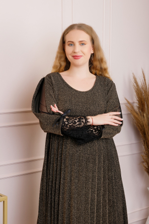 Rochie Amelie plisata aurie cu insertie de dantela [2]