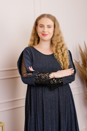 Rochie Amelie plisata bleumarin cu insertie de dantela [2]